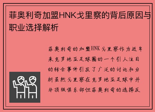 菲奥利奇加盟HNK戈里察的背后原因与职业选择解析