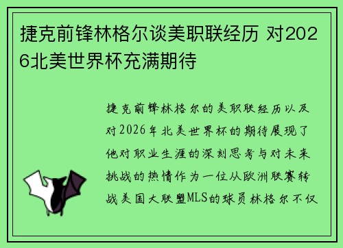 捷克前锋林格尔谈美职联经历 对2026北美世界杯充满期待 捷克前锋林格尔谈美职联经历 对2026北美世界杯充满期待