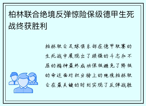 柏林联合绝境反弹惊险保级德甲生死战终获胜利 柏林联合绝境反弹惊险保级德甲生死战终获胜利